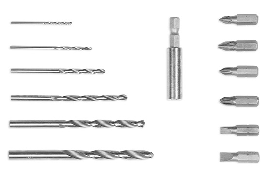В комплект входит: Биты 6 шт: PH1, PH2, PZ1, PZ2, SL5, SL6; Сверла 6 шт: 1.5, 2, 3, 4, 5, 6 мм