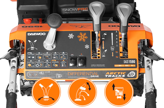 Панель управления с системой изменения скорости передвижения, направления и дальности выброса снега обеспечивает комфортное управление и работу со снегоуборщиком.